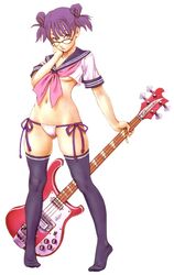 bass_guitar black_legwear black_thighhighs breasts crop_top duplicate female female_only flat_chest glasses instrument lipstick makeup midriff navel no_bra no_pants original panties purple_hair rickenbacker rickenbacker_4001 school_uniform serafuku shitapai short_hair short_twintails side-tie_panties solo standing thighhighs tied_hair tiptoes twintails underboob underwear white_panties yamashita_shun'ya yellow_eyes