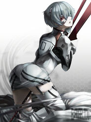 1girls bandage blue_hair bodysuit breasts clothing female garter_belt hair human kneeling kz-kura lance_of_longinus neon_genesis_evangelion pale-skinned_female pale_skin pilot_suit plugsuit red_eyes rei_ayanami short_hair stockings thighhighs thighs weapon zettai_ryouiki