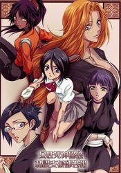 black_hair bleach blue_hair braid breasts choker cleavage cover cover_page dark-skinned_female dark_skin doujinshi female female_only glasses green_eyes hair_between_eyes highres immature_blue ise_nanao kuchiki_rukia kurotsuchi_nemu long_hair matsumoto_rangiku mole multiple_girls orange_hair ponytail purple_eyes purple_hair school_uniform shihakushō shihouin_yoruichi single_braid sword tied_hair weapon yellow_eyes