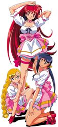 3girls 90s akira_(viper) ankle_ribbon anna_miller arm_above_head arm_behind_head arms_up bare_arms blonde_hair blue_eyes blue_hair bow breasts choker cleavage clothing corset eyebrows_visible_through_hair feet female female_only frills full_body glasses hair_ribbon hand_on_leg heels highres karin_(viper) kimura_takahiro kneeling large_breasts leg_between_breasts leg_cling leg_grab leg_hug leg_wrap legwear long_hair long_ponytail long_twintails looking_at_viewer low_ponytail matching_hair/eyes medium_breasts multiple_girls nipple_bulge official_art open_mouth pink_clothing ponytail pose red_eyes red_hair ribbon ribbon_choker saki_(viper) shadow simple_background sitting skirt smile sogna standing thick_thighs thigh_ribbon thigh_strap thighs tied_hair twin_braids twintails uniform very_long_hair viper_(series) viper_v16 waitress white_background white_clothing