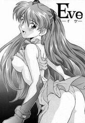 1996 1girls ass asuka_langley_sohryu blush breasts clothing female female_only human izurumi looking_back lowres medium_breasts monochrome neon_genesis_evangelion nipples oppai panties shirt shirt_lift sideboob skirt solo