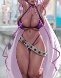 1girls armpits arms_up bb_(fate) bb_(swimsuit_mooncancer) bikini breasts cleavage eu03 eyes_out_of_frame fate/grand_order fate_(series) female hips huge_breasts long_hair naughty_face outdoors purple_hair skindentation solo standing_on_one_leg tan tan-skinned_female tanned_skin thick_thighs thighs wide_hips