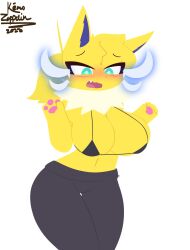 1girls 2023 big_breasts bikini blonde_hair blush breasts cleavage embarrassed fangs female female_only generation_1_pokemon green_eyes jolteon kemozeppelin_(artist) lineless navel nintendo pants pawpads paws pokémon_(species) pokemon pokemon_rse ponytail shy solo solo_female white_background white_fur yellow_fur