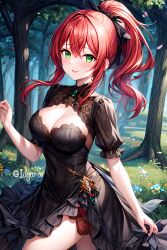 ai_generated black_dress black_ribbon breasts forest grass green_eyes idgaroo looking_at_viewer original original_character red_hair smile stable_diffusion tagme wood