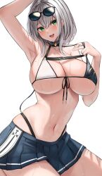 1girls 2023 absurdres arm_up armpits bikini blush braid breasts cleavage collar collarbone eyewear_on_head female front-tie_bikini_top front-tie_top green_eyes grey_hair hair_between_eyes hana_hebi highleg highleg_bikini highleg_swimsuit highres hololive hololive_fantasy hololive_japan large_breasts mole mole_on_breast navel open_mouth pleated_skirt presenting_armpit shirogane_noel short_hair sideboob skirt solo stomach sunglasses swimsuit underboob virtual_youtuber wet