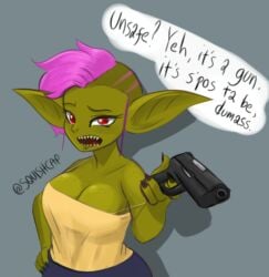 cleavage freckles freckles_on_breasts goblin goblin_female green_skin gun huge_breasts pink_hair red_eyes sharp_teeth squishcap_(artist) twitter_username wide_hips