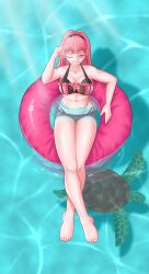 1girls alternate_costume bangs bare_legs bare_shoulders barefoot bikini breasts cleavage collarbone earrings eyewear_on_head female female_only fire_emblem fire_emblem:_three_houses fire_emblem_heroes from_above grin hilda_valentine_goneril hilda_valentine_goneril_(summer) inner_tube large_breasts legs long_hair looking_at_viewer looking_up nail_polish nintendo obsidianwasp ocean official_alternate_costume one_eye_closed outdoors pink_bikini pink_eyes pink_hair pink_nails pink_swimsuit ponytail shoulders solo sunglasses sunglasses_on_head swimsuit turtle wink