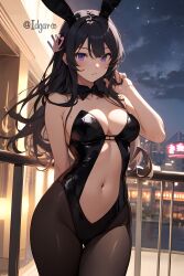 1girls ai_generated black_hair bunny_costume bunny_ears bunny_girl bunnysuit female female_only hand_on_butt hand_on_head idgaroo latex long_hair night outdoors pantyhose purple_eyes sakurajima_mai seishun_buta_yarou_wa_bunny_girl_senpai_no_yume_wo_minai solo stable_diffusion