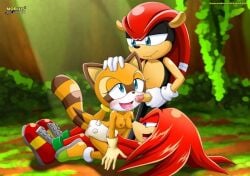 1girls 2boys bbmbbf cum cum_in_mouth female furry furry_only group group_sex knuckles_the_echidna male marine_the_raccoon mighty_the_armadillo mmf_threesome mobius_unleashed oral oral_sex outdoor_sex palcomix sonic_(series) sonic_the_hedgehog_(series) straight threesome vaginal_penetration