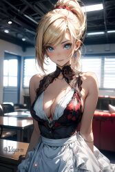 ai_generated blonde_hair blue_eyes idgaroo living_room maid maid_outfit maid_uniform metroid samus_aran stable_diffusion tagme