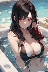 ai_generated bikini black_hair breasts embarrassed final_fantasy final_fantasy_vii hot_tub idgaroo red_eyes red_gloves stable_diffusion tagme tifa_lockhart water wet