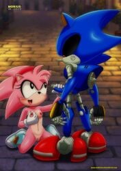 amy_rose bbmbbf classic_amy_rose furry grabbing_own_breast handjob kneeling legs_apart looking_at_another male male_villain metal_sonic mobius_unleashed outdoors outside palcomix small_breasts sonic_(series) sonic_cd sonic_the_hedgehog_(series)