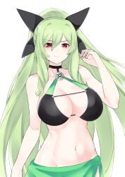 arm_up bare_midriff bare_shoulders big_breasts bikini_top chika_hakozaki choker cleavage front_view green_hair hair_ornament light-skinned_female looking_at_viewer neptunia_(series) red_eyes simple_background solo very_long_hair zatsu