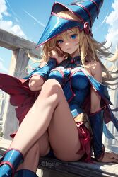 ai_generated blonde_hair blue_clothing blue_eyes crossed_legs dark_magician_girl day hat idgaroo outdoors posing red_skirt skirt stable_diffusion tagme yu-gi-oh!