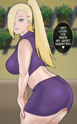 1girls ass big_ass big_breasts blonde_hair blue_eyes boruto:_naruto_next_generations crop_top female female_focus female_only from_behind ino_yamanaka long_hair looking_at_viewer mature mature_female milf miniskirt naruto naruto_(series) ponytail revealing_clothes skimpy skimpy_clothes skirt sleeveless sleeveless_shirt solo speech_bubble talking talking_to_viewer text thick_thighs tied_hair tight_clothing torikku95 underass voluptuous yamanaka_ino