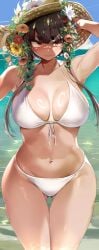 1girls beach bikini blush breasts brown_eyes brown_hair cleavage embarrassed female hat jovejun large_breasts large_hat navel original original_character outdoors sun_hat tsubomioka_happa white_bikini