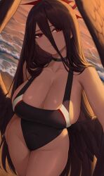 1girls alternate_version_available beach black_hair black_wings blue_archive breasts cleavage feathered_wings female hasumi_(blue_archive) huge_breasts light-skinned_female light_skin long_hair naughty_face one-piece_swimsuit outdoors red_eyes swimsuit trinity_general_school_student wings zaphn