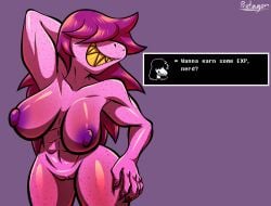 1girls 2020s 2023 2d abs anthro anthro_only areolae armpits breasts color completely_nude completely_nude_female deltarune dialogue english english_text female female_only freckles genitals hair hair_over_eyes hand_on_hip hand_on_own_hip hi_res muscular muscular_abs muscular_female nipples nude nude_female protagon purple_body purple_hair purple_skin pussy scalie shaded solo solo_female susie_(deltarune) text undertale_(series)