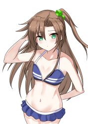 arm_up brown_hair flat_chest front_view green_eyes hair_ornament hand_behind_back hand_behind_head if_(neptunia) light-skinned_female looking_at_viewer neptunia_(series) short_skirt simple_background solo straight_hair zatsu