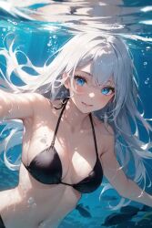 ai_generated bikini black_bikini blue_eyes female girl idgaroo looking_at_viewer original original_character silver_hair smile stable_diffusion tagme white_hair