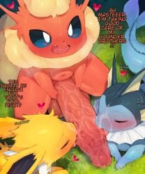 3boys blush caption cum cum_on_face double_fellatio eeveelution feral flareon foreskin furry gay incest jolteon kissing kissing_penis large_penis male oral pokemon pokemon_(species) quality syuro threesome translated vaporeon