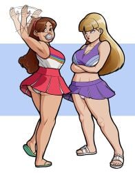 2girls ass big_breasts blonde_hair bracelet breasts brown_hair bubble_butt busty cheerleader cheerleader_uniform disney disney_channel female female_focus female_only full_body gravity_falls hourglass_figure mabel_pines multiple_girls pacifica_northwest pinup pinup_pose tagme trpxart wide_hips