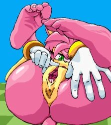 1girls amy_rose anus bodily_fluids clothing eulipotyphlan female female_only genital_fluids genitals gloves green_eyes handwear hedgehog humanoid legs_in_air lying mammal nahadon on_back open_mouth pink_body presenting presenting_pussy pussy pussy_juice scrunched_toes sega solo sonic_(series) sonic_the_hedgehog_(series) spread_pussy spreading