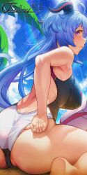 armpits blue_hair ganyu_(genshin_impact) girl purple_eyes solar_(happymonk) swimsuit tagme women