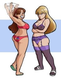 2girls ass big_breasts blonde_hair bracelet breasts brown_hair bubble_butt busty disney disney_channel female female_focus female_only full_body gravity_falls hourglass_figure mabel_pines multiple_girls pacifica_northwest pinup pinup_pose tagme trpxart wide_hips