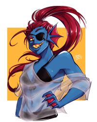 1girls 2020s 2023 alternate_version_available anthro anthro_only artist_name bikini black_bikini blue_body blue_skin bones_on_skin_(artist) breasts eye_patch eyepatch female female_only fish fish_girl hand_on_waist long_hair looking_at_viewer marine monster monster_girl non-mammal_breasts ponytail red_hair see-through_clothes see-through_clothing see-through_shirt sharp_teeth simple_background slit_pupils solo solo_anthro solo_female undertale undertale_(series) undyne yellow_sclera yellow_teeth