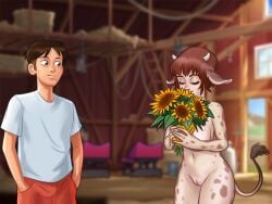 1boy 1girls 2d animal_humanoid areolae barn big_breasts bottomwear breasts brown_hair closed_eyes clothed clothing cow_ears cow_girl cow_horns cow_print daisy_(summertime_saga) darkcookie digital_drawing_(artwork) digital_media_(artwork) duo female flowers hay holding holding_flowers light-skinned_male light_skin looking_at_partner main_character_(summertime_saga) male male/female nipples pussy pussy_lips pussy_peek shirt shorts smelling_flower smile smiling summertime_saga tail topwear vagina