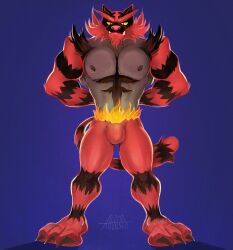 alpha-thunder anthro biceps black_body black_fur claws digital_media_(artwork) fangs felid fur generation_7_pokemon hands_behind_back hi_res incineroar looking_at_viewer male male_only mammal markings multicolored_body multicolored_fur muscular nintendo paws pecs pokemon pokemon_(species) red_body red_fur simple_background snout solo tail teeth two_tone_body two_tone_fur yellow_sclera