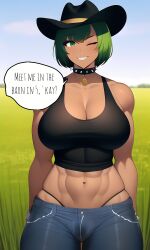 1futa ai_generated bulge bulge_through_clothing cowgirl_outfit dark_skin futanari futasub green_eyes green_hair morgan_(xdk141) novelai pov speech_bubble spiked_collar tank_top xdk141