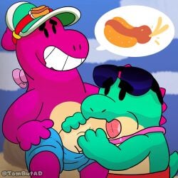 2boys anthro beach bodily_fluids brawl_stars buzz_(brawl_stars) buzz_x_doug cum dinosaur doug_(brawl_stars) duo gay genital_fluids hi_res male male/male reptile scalie seaside sex