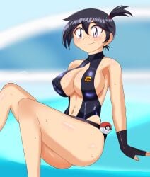 absurdres ass asymmetrical_hair bare_shoulders black_hair blush breast_slip breasts creatures_(company) female game_freak groin gym_leader hair_between_eyes highres kasumi_(pokemon) large_breasts looking_at_another misty_(pokemon) navel nintendo one-piece_swimsuit pokemon pokemon:_the_electric_tale_of_pikachu ponytail purple_eyes shiny_skin short_hair side_ponytail slingshot_swimsuit solo su_retro_space swimsuit wet