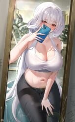 1girls alternate_costume azur_lane belly_button blush breasts cleavage exercise_ball eyebrows_visible_through_hair female female_only gym gym_clothes heart-shaped_pupils huge_breasts light-skinned_female light_skin marseillaise_(azur_lane) marseillaise_(fighting_angel's_regimen)_(azur_lane) mirror nose_blush official_alternate_costume phone red_eyes selfie smartphone solo sweat symbol-shaped_pupils taking_picture tansuan_(ensj3875) vichya_dominion_(azur_lane) wet wet_clothes white_hair