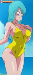 1girls blue_eyes blue_hair canonical_scene dragon_ball_z female female_only foxybulma hand_on_chest maron smirk solo yellow_swimsuit