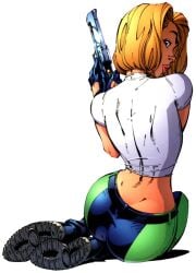 1girls abbey_chase bare_midriff black_boots blonde_hair blue_gloves danger_girl desert_eagle female female_only fully_clothed green_pants gun j_scott_campbell knees_together looking_over_shoulder muscular_back pistol_in_hand round_butt secret_agent short_hair small_waist solo tight_clothing white_crop_top