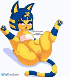 animal_crossing animal_genitalia ankha ankha_(animal_crossing) anus ass blue_hair blush clothing cloudeon digital_media_(artwork) domestic_cat egyptian felid feline felis female feral fur genitals hair hi_res looking_at_viewer mammal nintendo nude open_mouth pussy simple_background solo spread_legs spreading tail text yellow_body yellow_fur