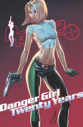 1girls abbey_chase arms_down bare_midriff black_boots blonde_hair danger_girl desert_eagle female female_only fully_clothed green_gloves green_pants j_scott_campbell looking_down medium_breasts pistol_in_hand secret_agent short_hair solo tight_clothing white_crop_top