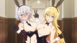 2girls animated azur_lane azur_lane:_bisoku_zenshin! azur_lane:_slow_ahead azur_lane_the_animation black_legwear blonde_hair blue_eyes bow breast_press breasts bunnysuit cleavage clothing gigantic_breasts huge_breasts large_breasts multiple_girls north_carolina_(azur_lane) symmetrical_docking tagme video washington_(azur_lane) white_hair