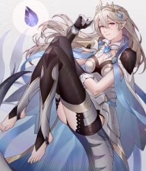 1girls ai_tkkm alternate_costume armor ass bare_thighs big_ass black_leotard black_panties breasts cape cleavage corrin_(female)_(fire_emblem) corrin_(female)_(silent_bloodline)_(fire_emblem) corrin_(fire_emblem) crown dragon_girl dragon_tail feet female female_only fire_emblem fire_emblem_fates fire_emblem_heroes frills full_body gloves hair_between_eyes hair_ornament highres inner_thighs jewelry leotard long_hair looking_at_viewer nintendo official_alternate_costume panties pointy_ears red_eyes see-through shoulder_armor solo tail thighs toeless_legwear toes underwear white_hair