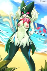 anthro beach clothing female fluffy fur generation_1_pokemon generation_9_pokemon genitals green_body green_fur green_hair hair hi_res looking_at_viewer looking_back looking_back_at_viewer mask meowscarada moonfluffmf nintendo nipples pink_eyes pokemon pokemon_(species) pokemon_sv pussy seaside smile solo sun swimwear tentacle tentacruel water