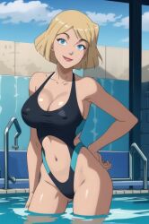 1girls ai_generated bell_haircut blonde_female blonde_hair blue_eyes bonnieaiart breasts cartoon_network clover_(totally_spies) exposed_belly_button female female_only happy_female pool solo tagme teletoon totally_spies