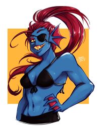 1girls 2020s 2023 alternate_version_available anthro anthro_only artist_name bikini black_bikini blue_body blue_skin bones_on_skin_(artist) breasts eye_patch eyepatch female female_only fish fish_girl hand_on_waist long_hair looking_at_viewer marine monster monster_girl non-mammal_breasts ponytail red_hair sharp_teeth simple_background slit_pupils solo solo_anthro solo_female undertale undertale_(series) undyne yellow_sclera yellow_teeth