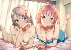 2girls ahoge ass bare_shoulders barefoot bed bikini blue_dress blue_eyes breasts brown_hair cleavage closed_mouth double_strap_slip dress facing_viewer feet feet_up grin hand_on_own_cheek hand_on_own_face light_blush love_live! love_live!_sunshine!! lying medium_breasts medium_hair multiple_girls on_bed on_stomach orange_hair ponnu_(nikeytina) red_eyes short_hair side-tie_bikini_bottom smile smirk smug soles sparkle_background steam strap_slip striped striped_dress sweat swimsuit takami_chika toes watanabe_you