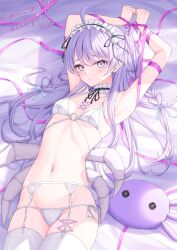 1girls amiya_aranha_(vtuber) armpits bed_sheet belly_button bra breasts corset_piercing female female_only headdress human_gift indie_virtual_youtuber light-skinned_female light_skin lingerie lis__111_(lisn) monster_girl on_bed panties plushie purple_eyes purple_hair small_breasts solo spider_girl spider_legs tsunderia underwear virtual_youtuber white_bra white_panties wrappings wraps