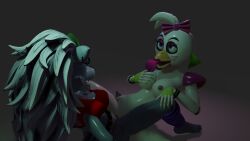 2girls 3d 3d_(artwork) anthro anthro_female anthro_on_anthro bow chicken duck female five_nights_at_freddy's five_nights_at_freddy's:_security_breach fnaf furry glamrock_chica_(fnaf) grabbing_own_breast gray_fur grey_body grey_hair medium_ass medium_breasts red_crop_top roxanne_wolf_(fnaf) scissoring spuds77 tribadism white_body white_hair wolf