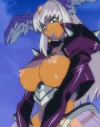 1girls angel_blade anime_screencap areolae blonde_hair breasts clothing dark-skinned_female green_eyes head_wings large_areolae large_breasts monster_girl nailkaiser nipple_piercing nipples ova revealing_clothes screencap screenshot