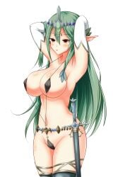 1girls arms_behind_back bikini_armor crusadia_arboria duel_monster elf sling_bikini yu-gi-oh!